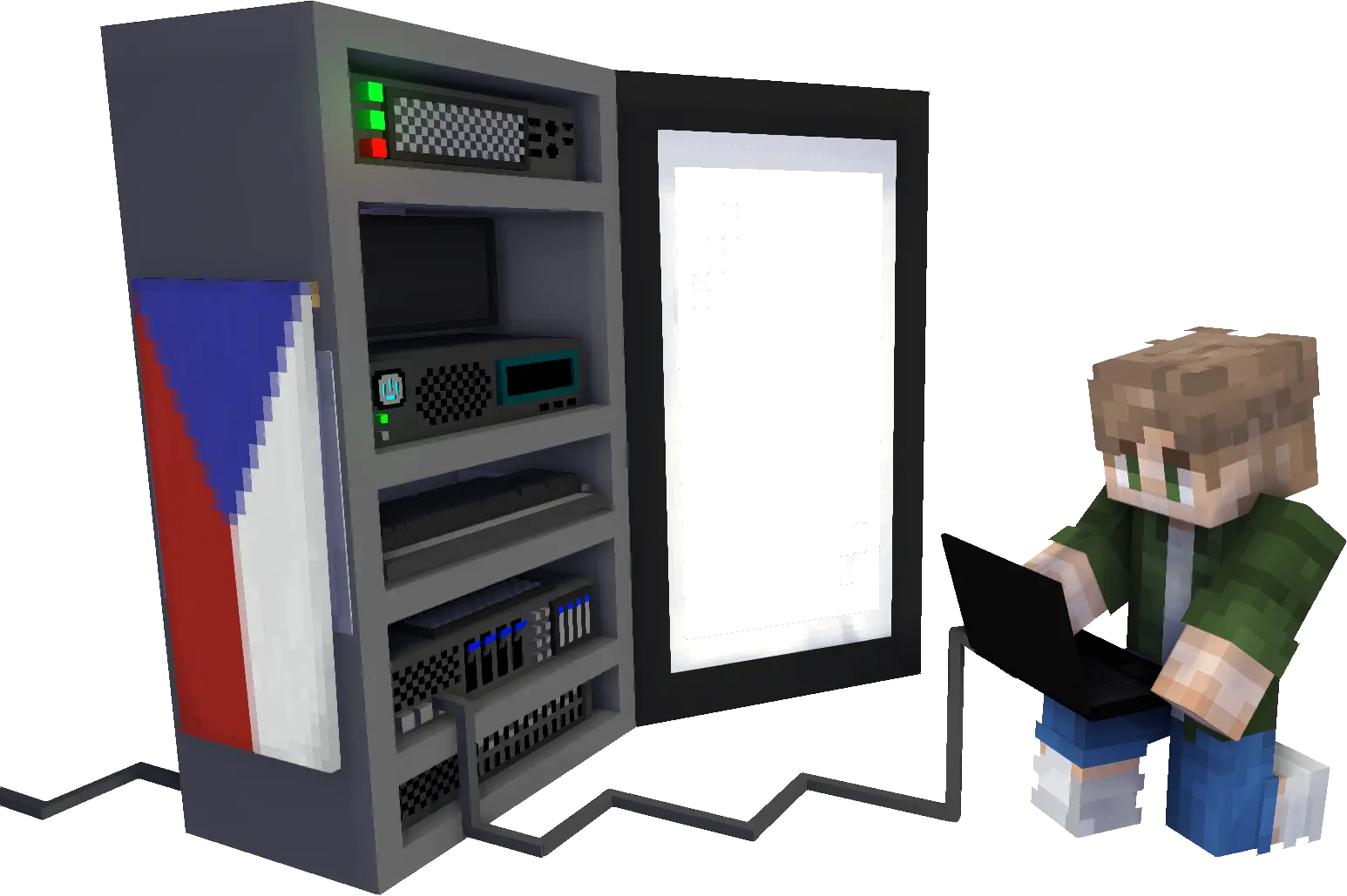 Minecraft server rack s panáčkem u laptopu
